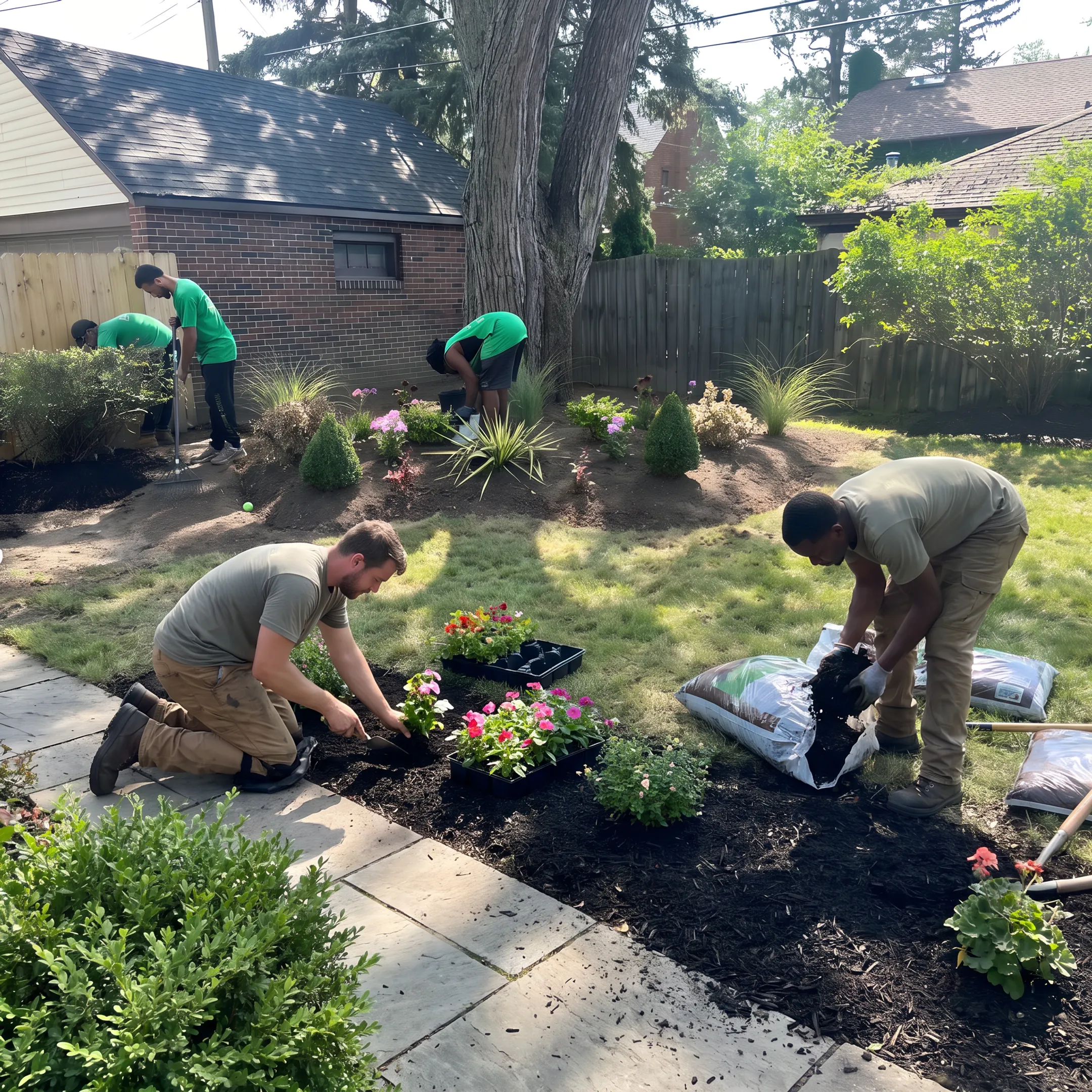 Landscaping team improving a residential yard with planting and mulch
