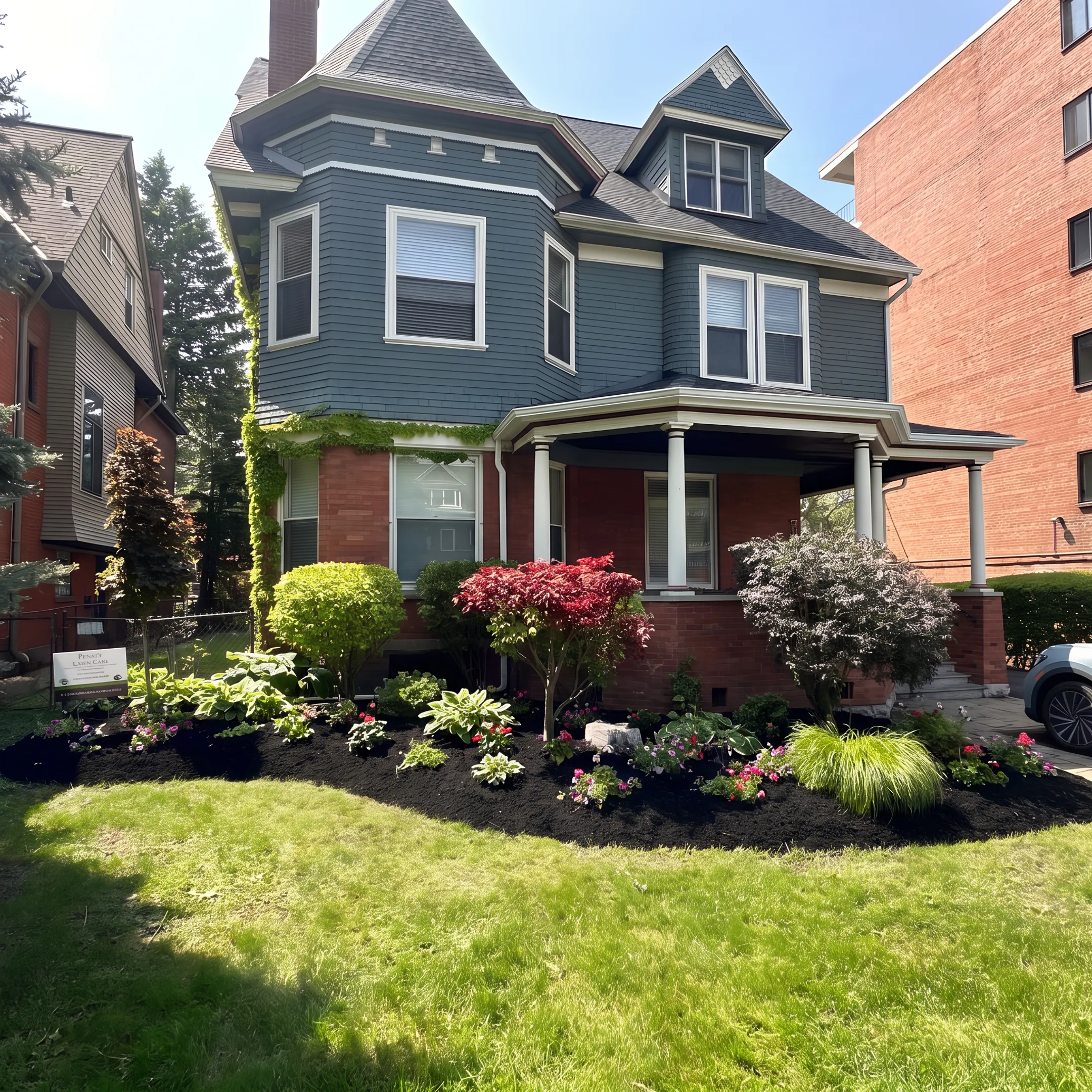 Finished landscaped yard with healthy lawn, planted beds, and fresh mulch
