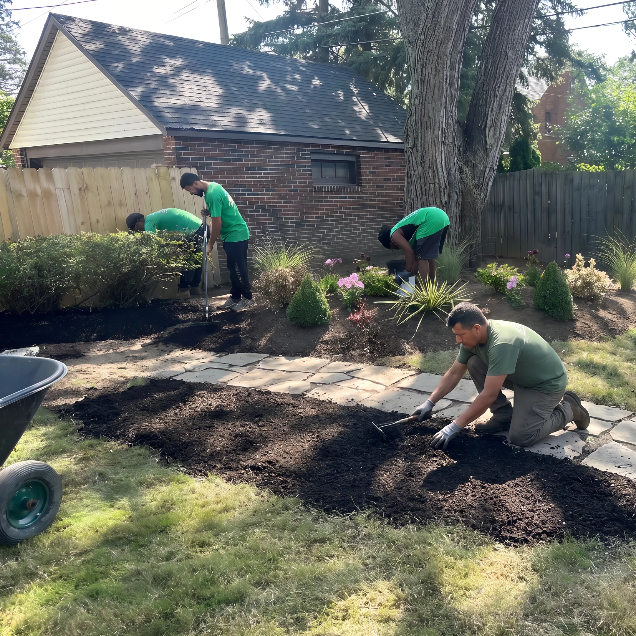 Landscaper installing fresh mulch in a Connecticut garden bed