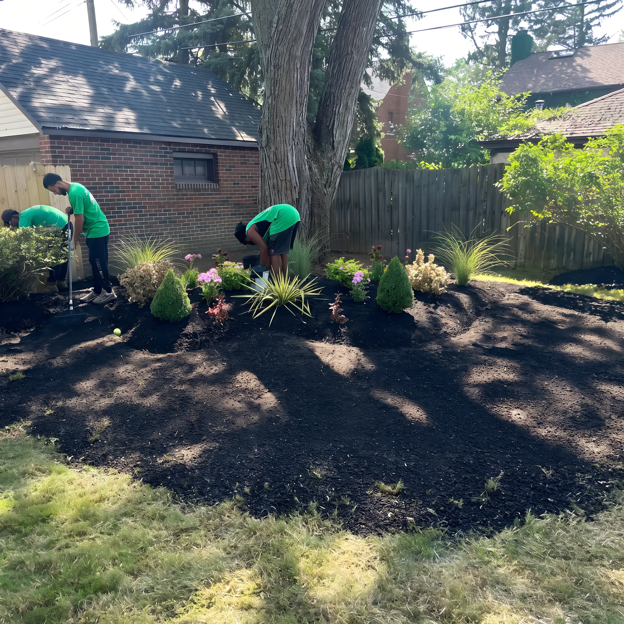 Fresh mulch installed around plants and trees