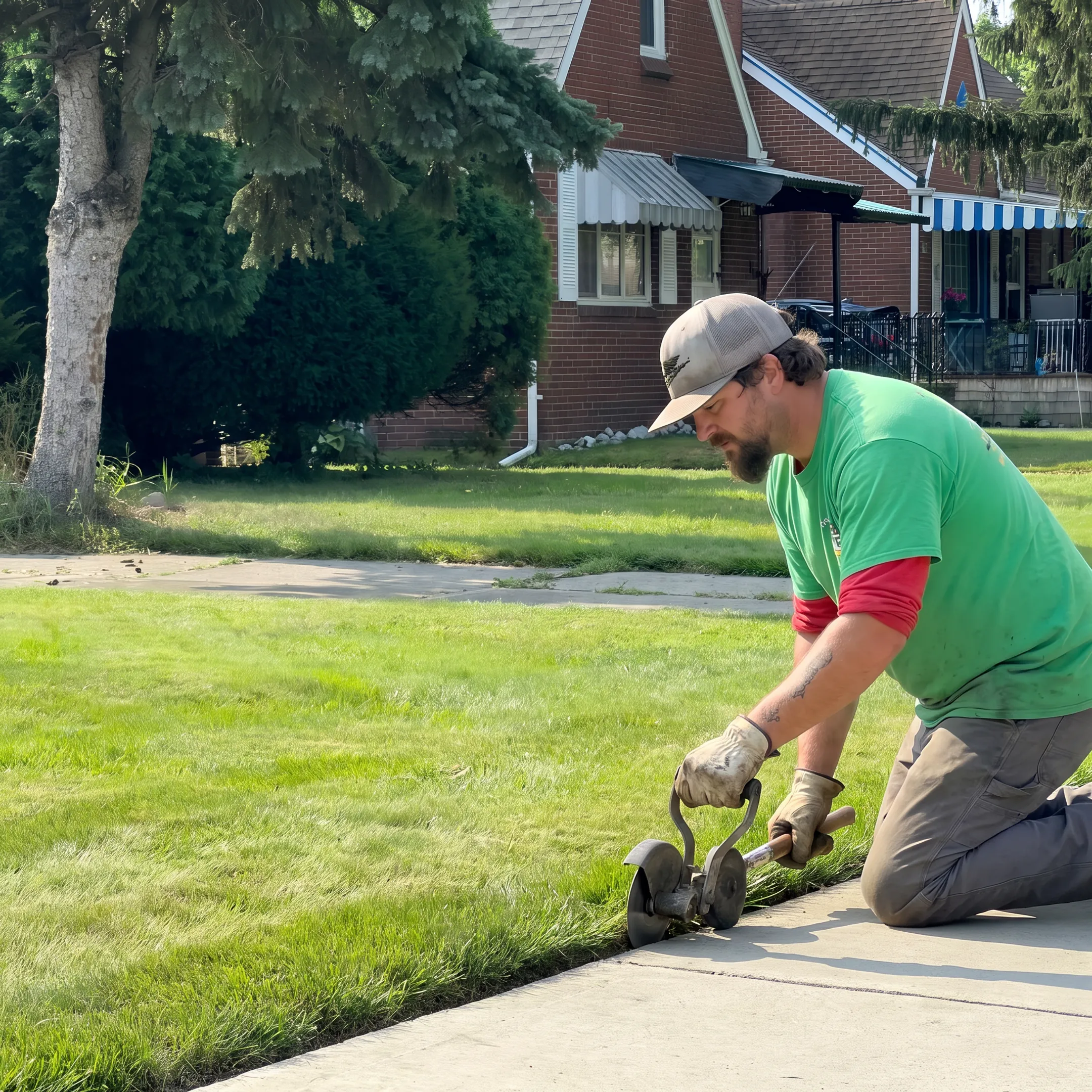 Landscaper edging a green lawn beside a walkway and landscaped flower bed