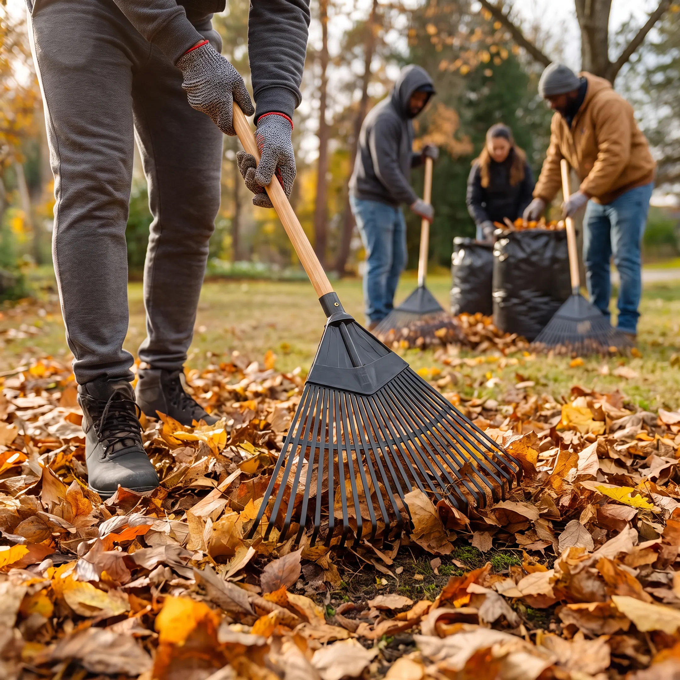 Crew removing fallen leaves from a residential lawn