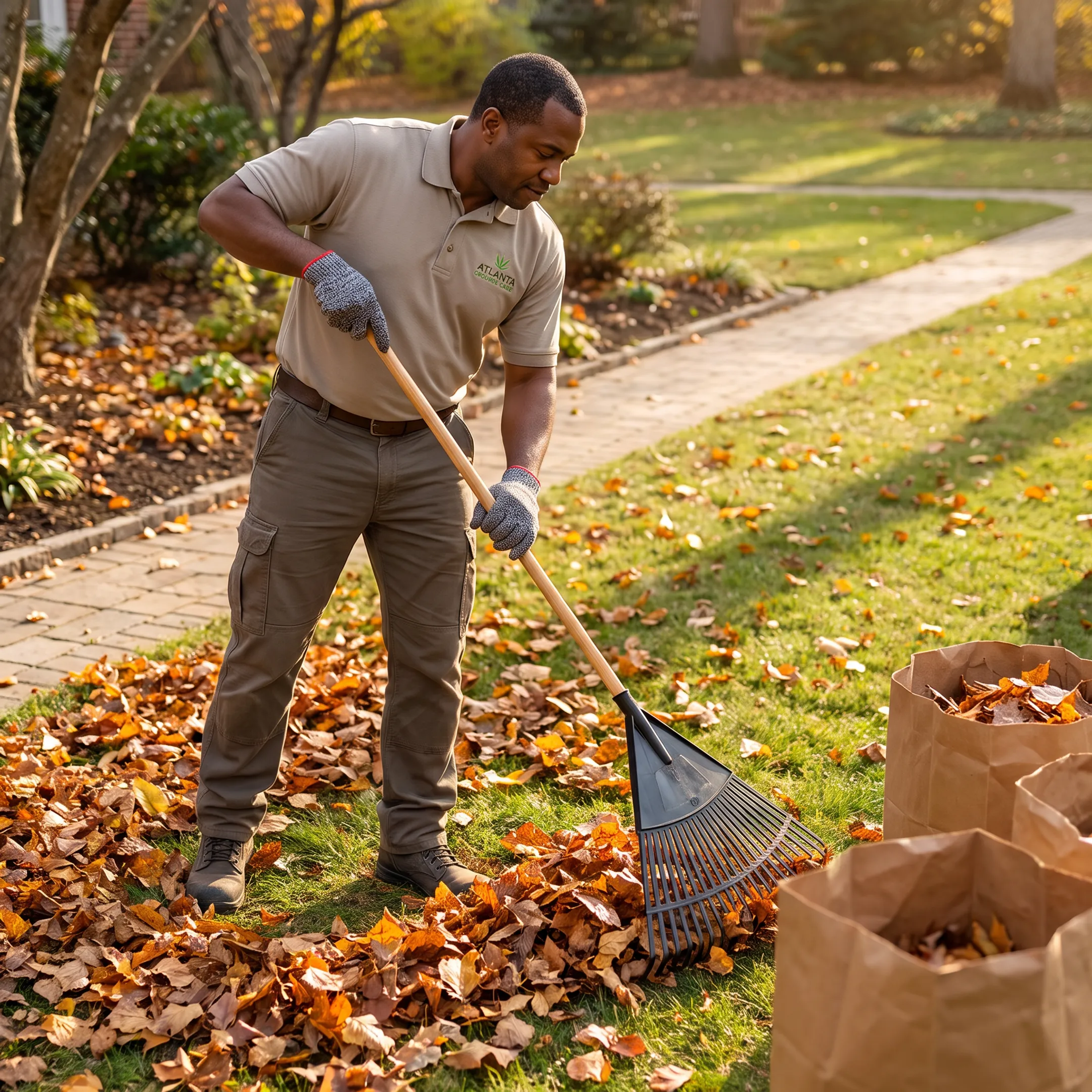 Collected leaves being removed from a landscaped property