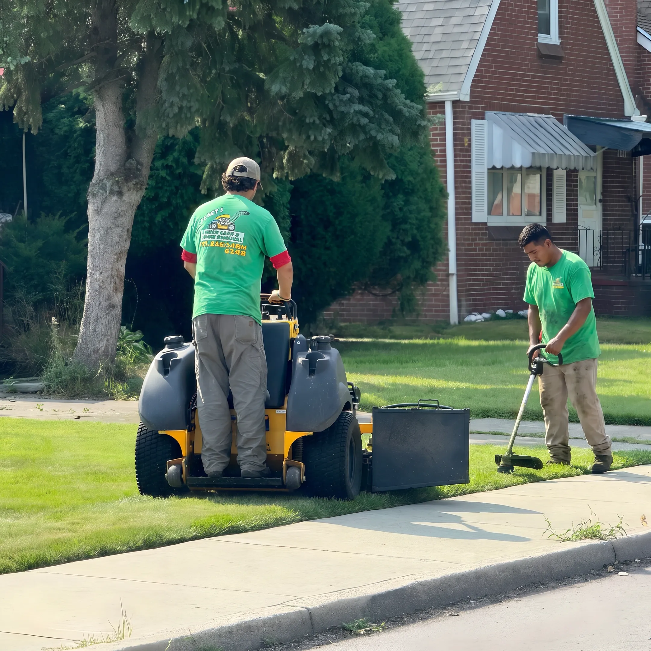 Crew member maintaining a healthy green lawn with professional landscaping equipment