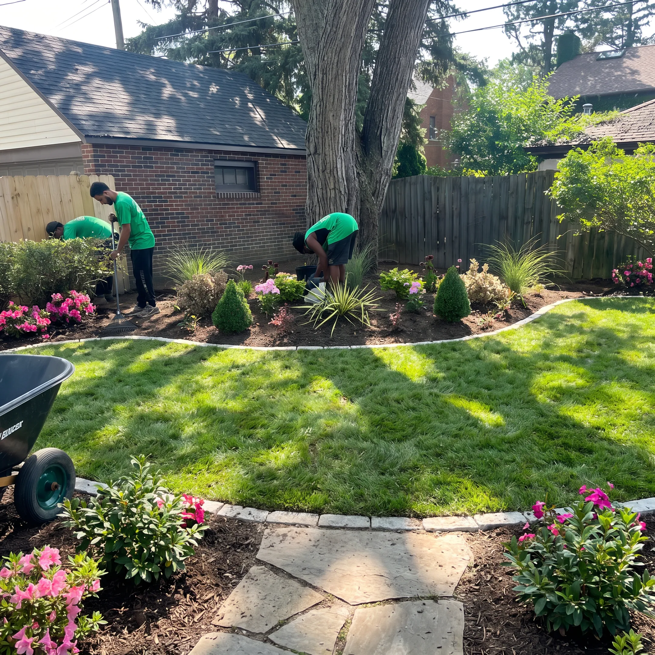 Healthy lawn with carefully maintained grass, garden beds, and landscaped edges