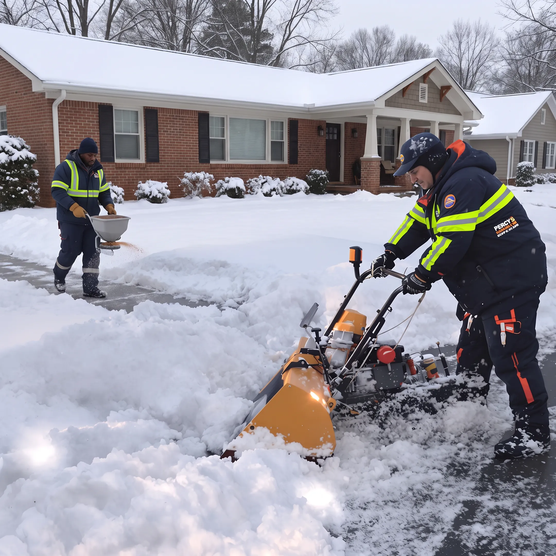 Snow removal equipment clearing a driveway and walkway