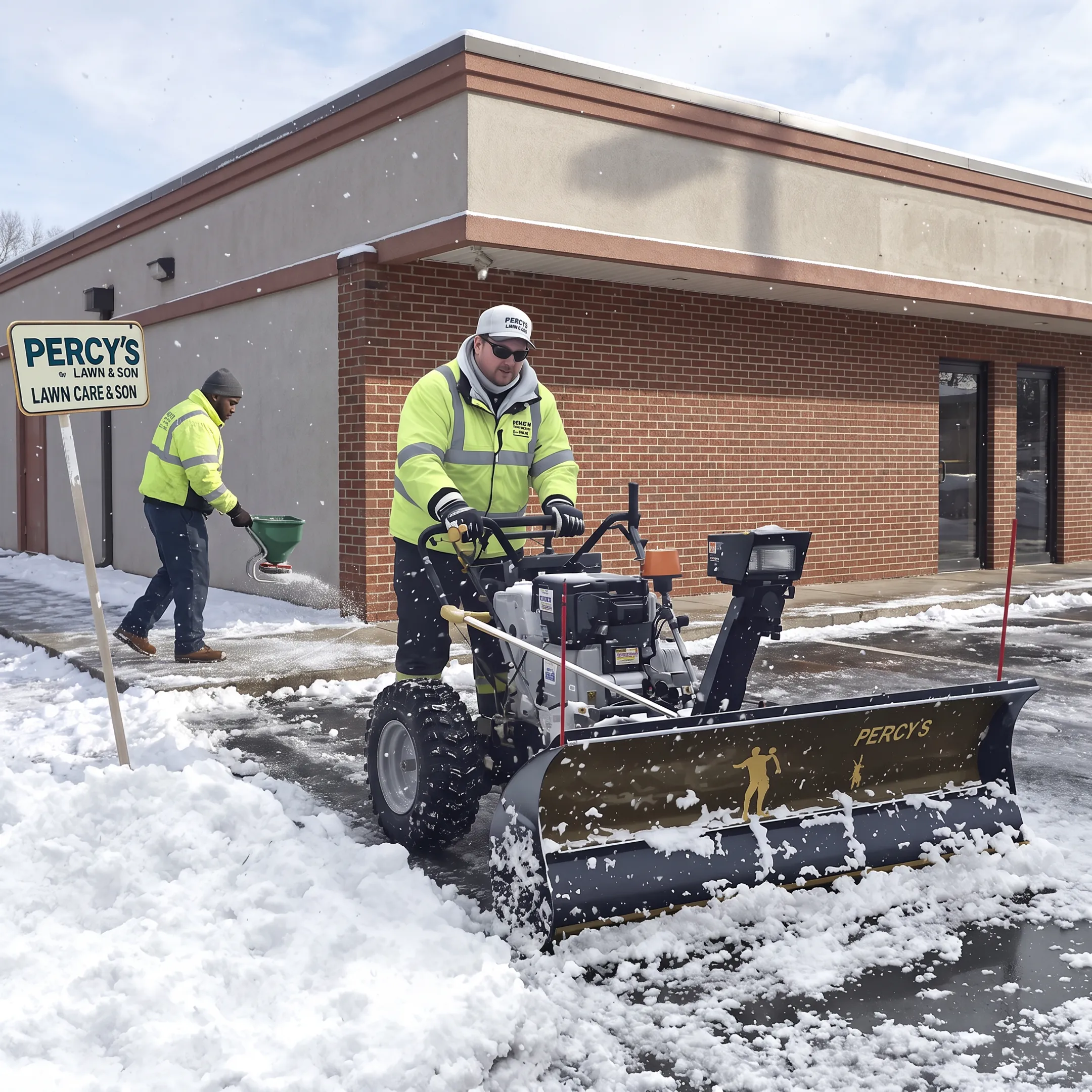 Crew clearing snow and treating an icy commercial walkway