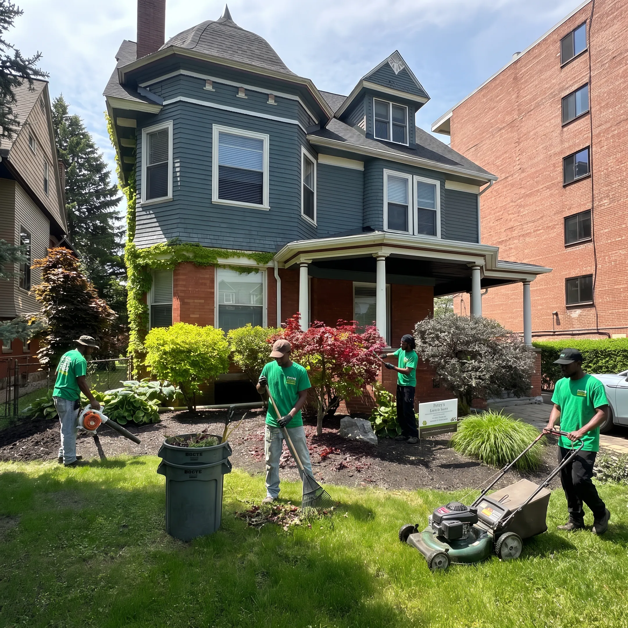 Outdoor maintenance crew caring for a landscaped Buffalo property