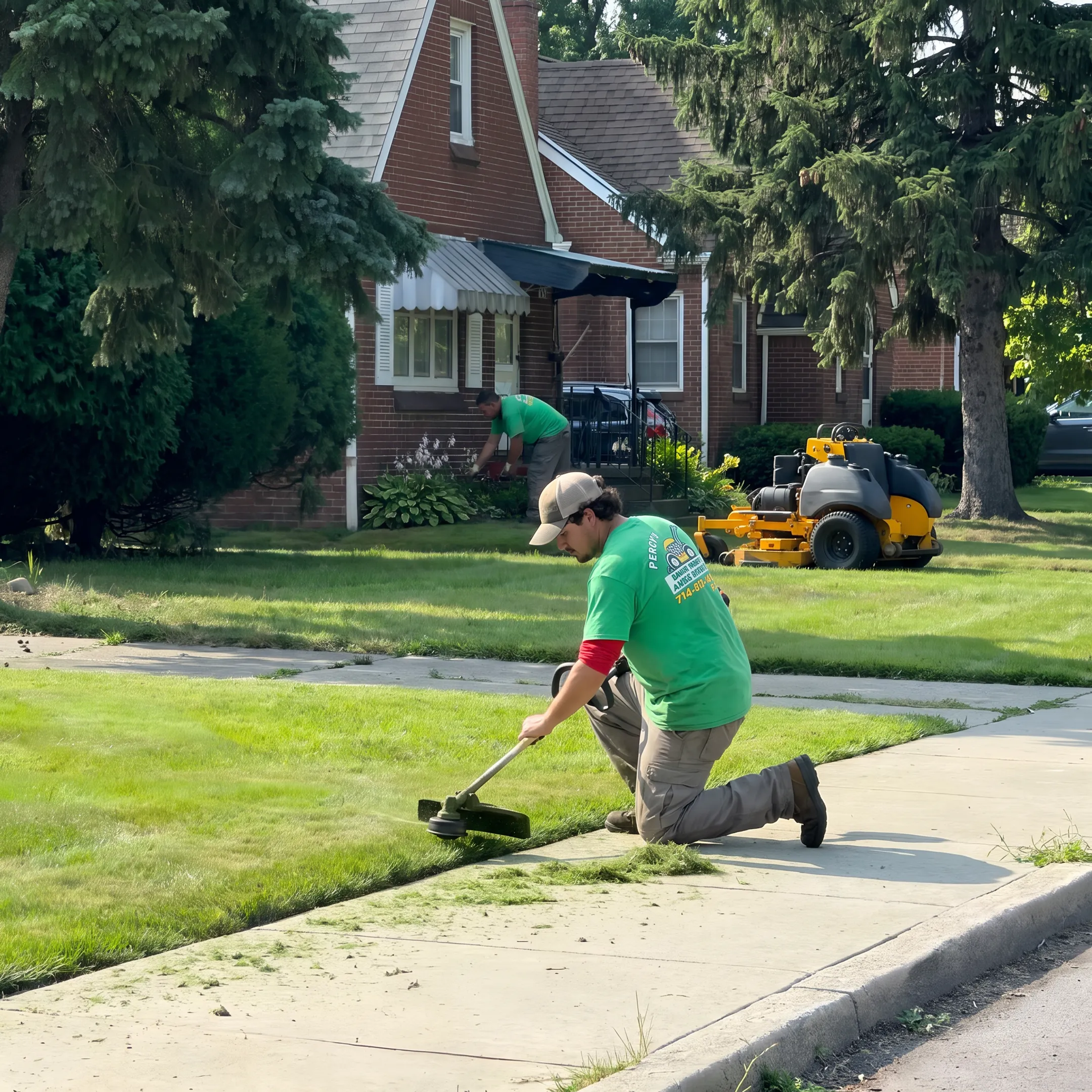 Team maintaining a healthy lawn and landscaped property