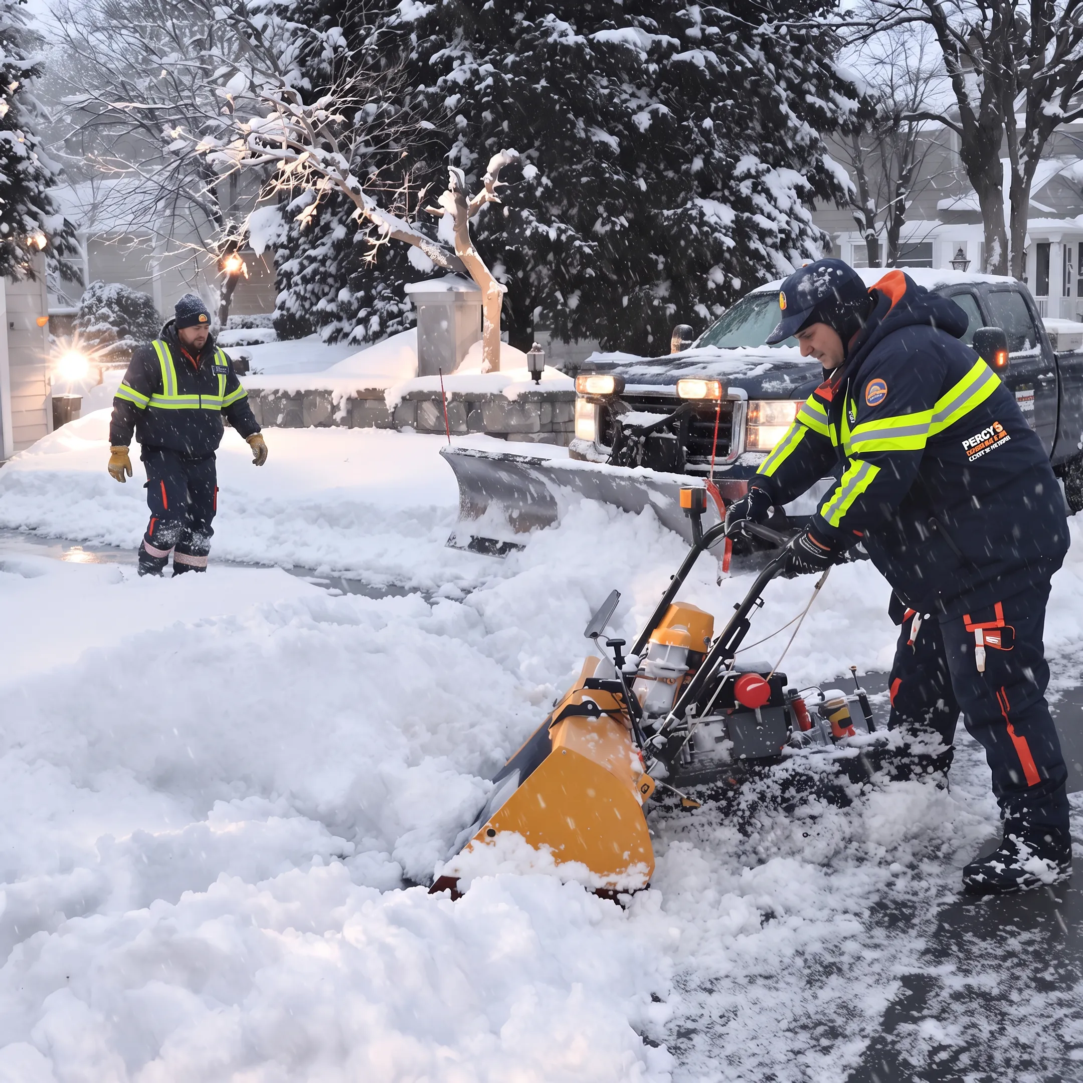 Snow removal crew clearing a snowy driveway in Orchard Park