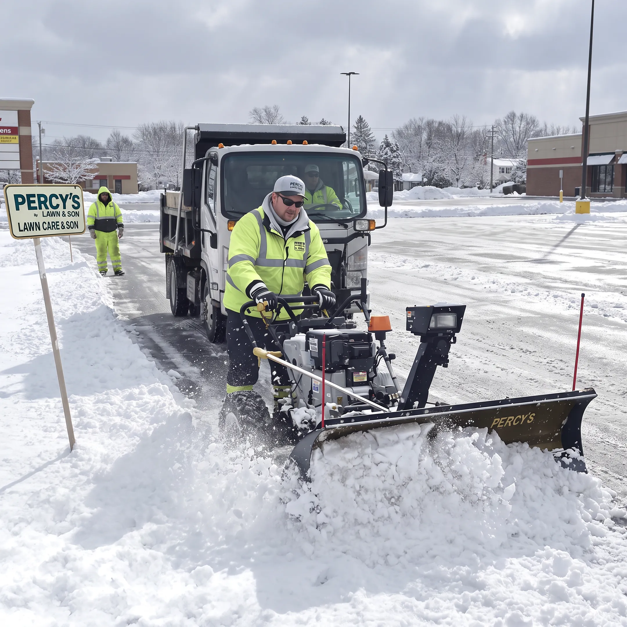 Snowplow clearing a commercial parking lot