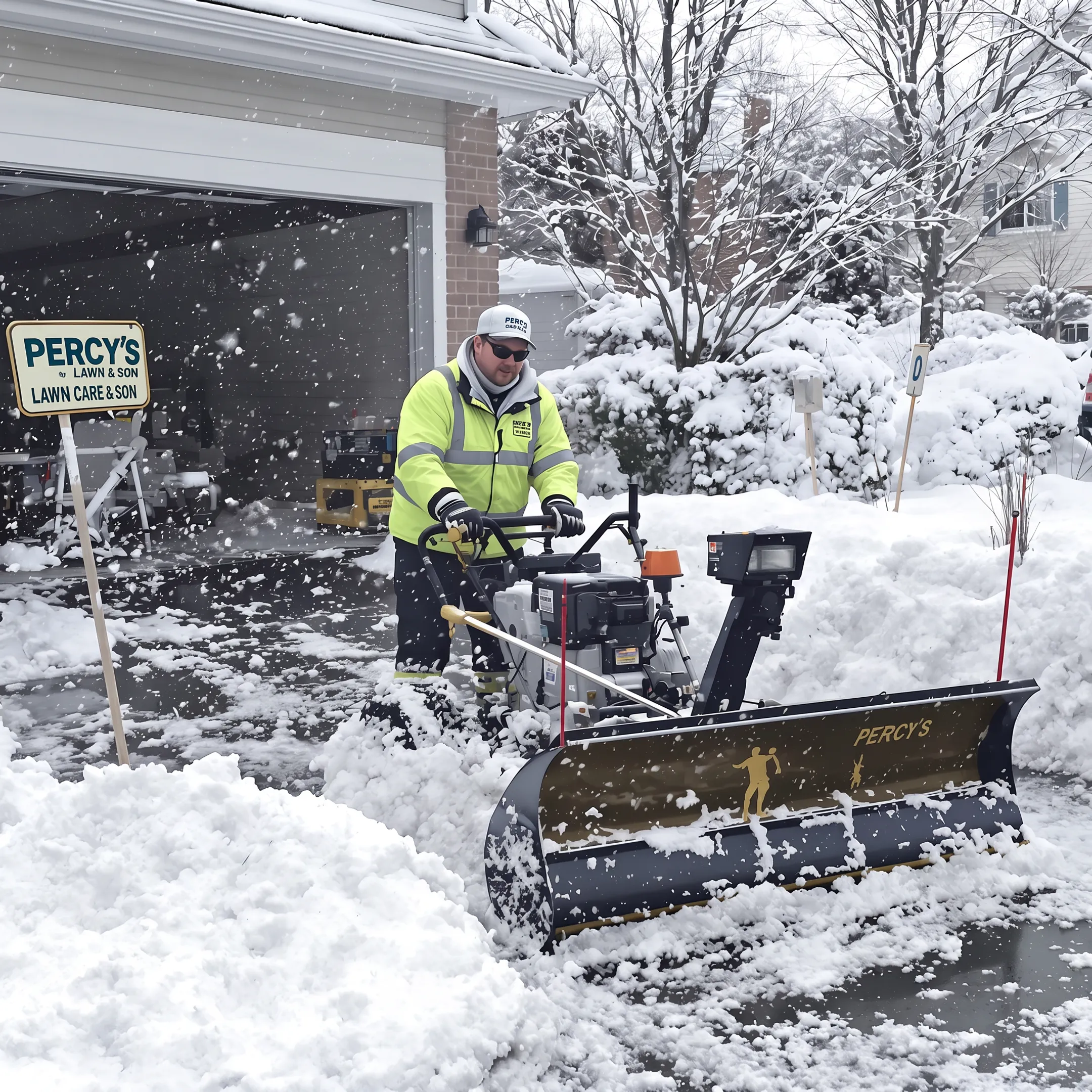 Snow removal crew clearing a snowy residential driveway