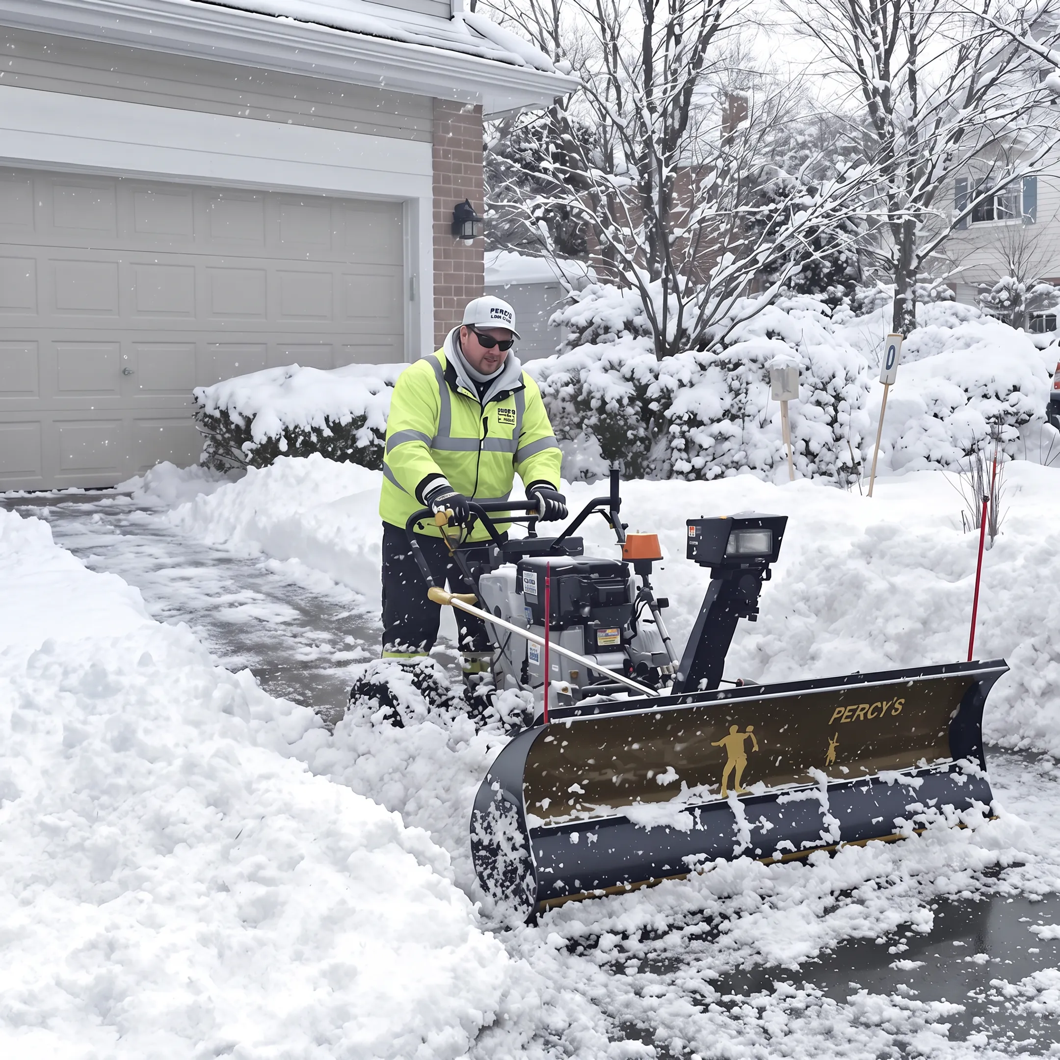 Snowplow clearing a residential driveway during a Buffalo winter storm