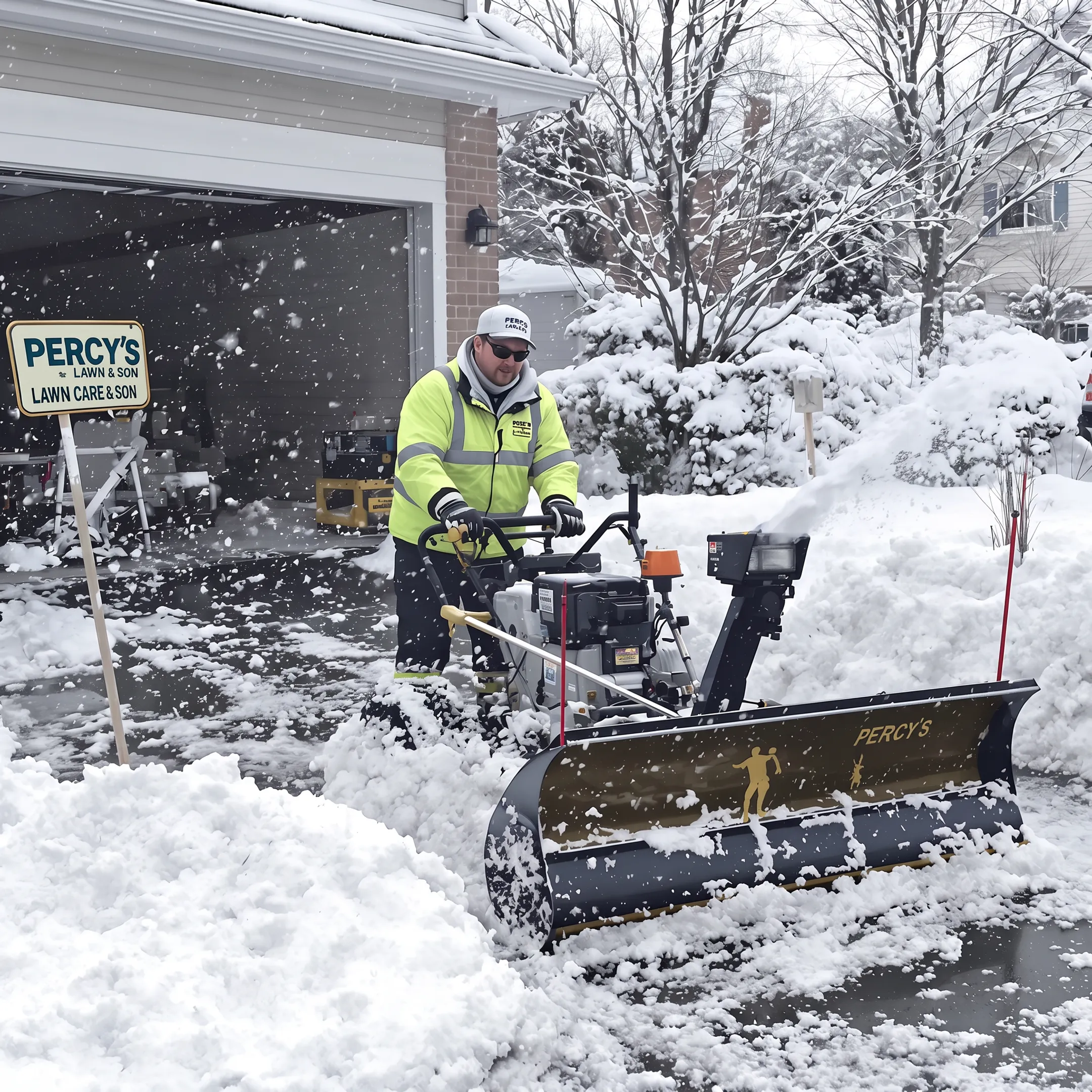 Snow removal crew clearing a Buffalo driveway and walkway during winter