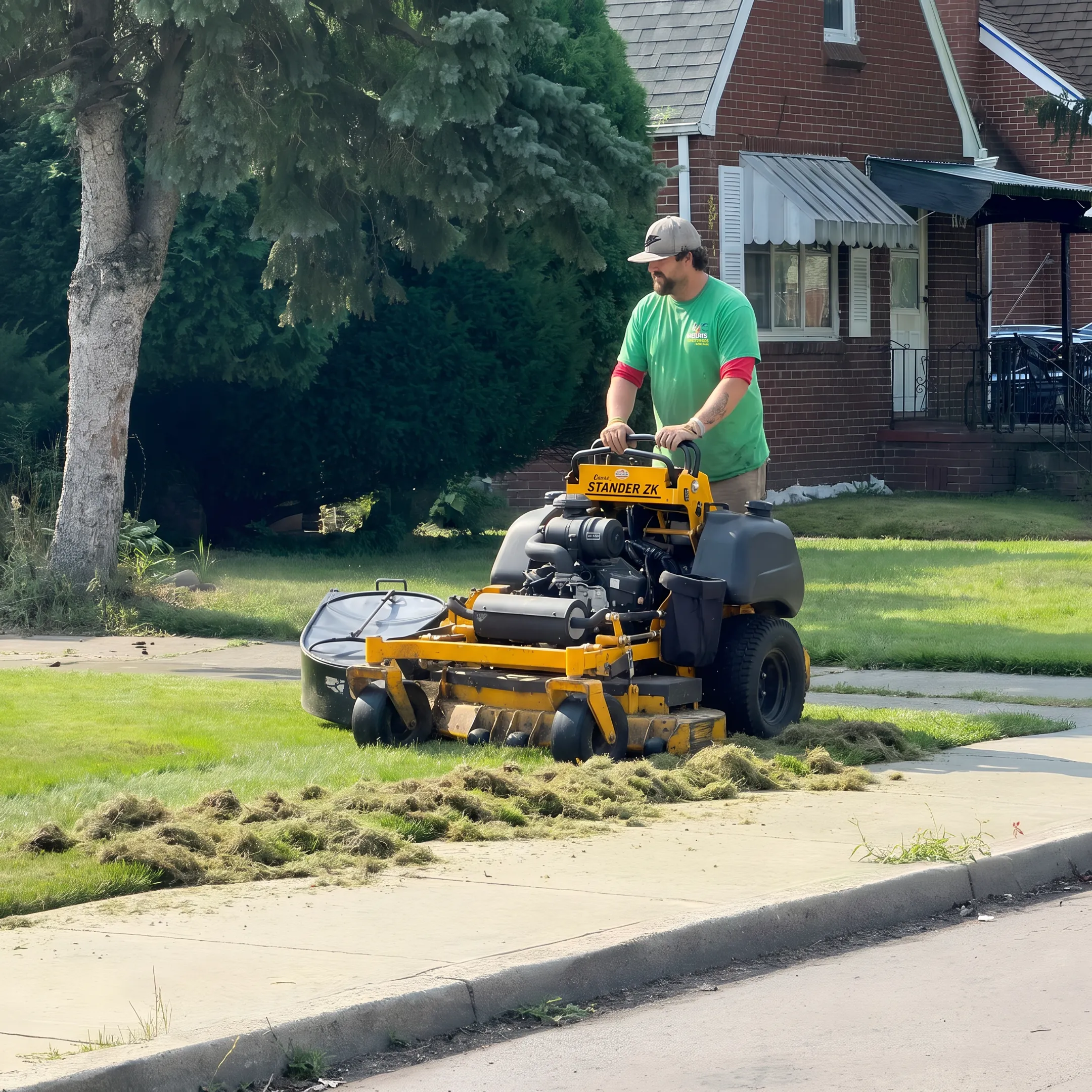 Lawn care professional removing thatch from a Buffalo-area lawn