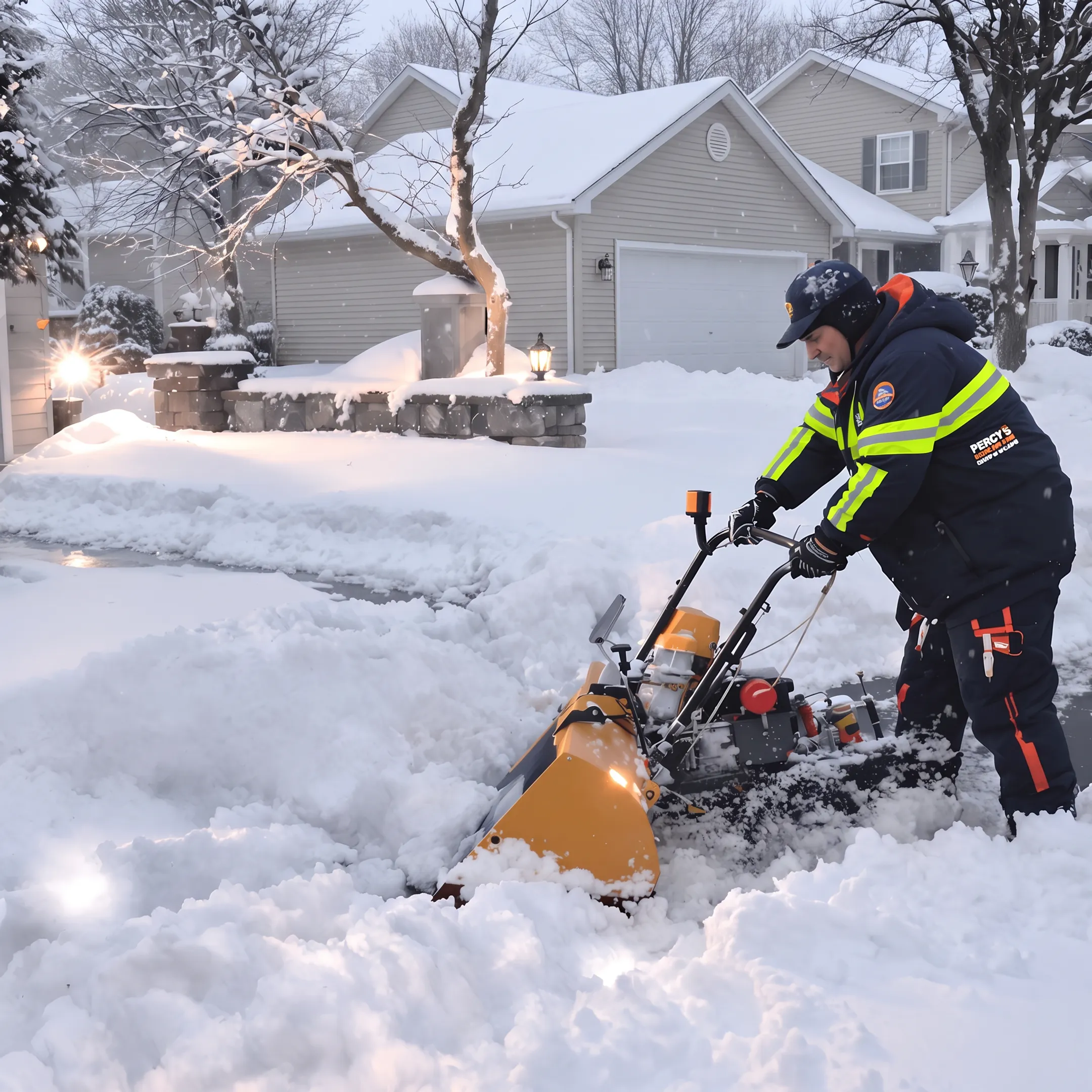 Snow plow clearing a Cheektowaga driveway during a heavy winter storm