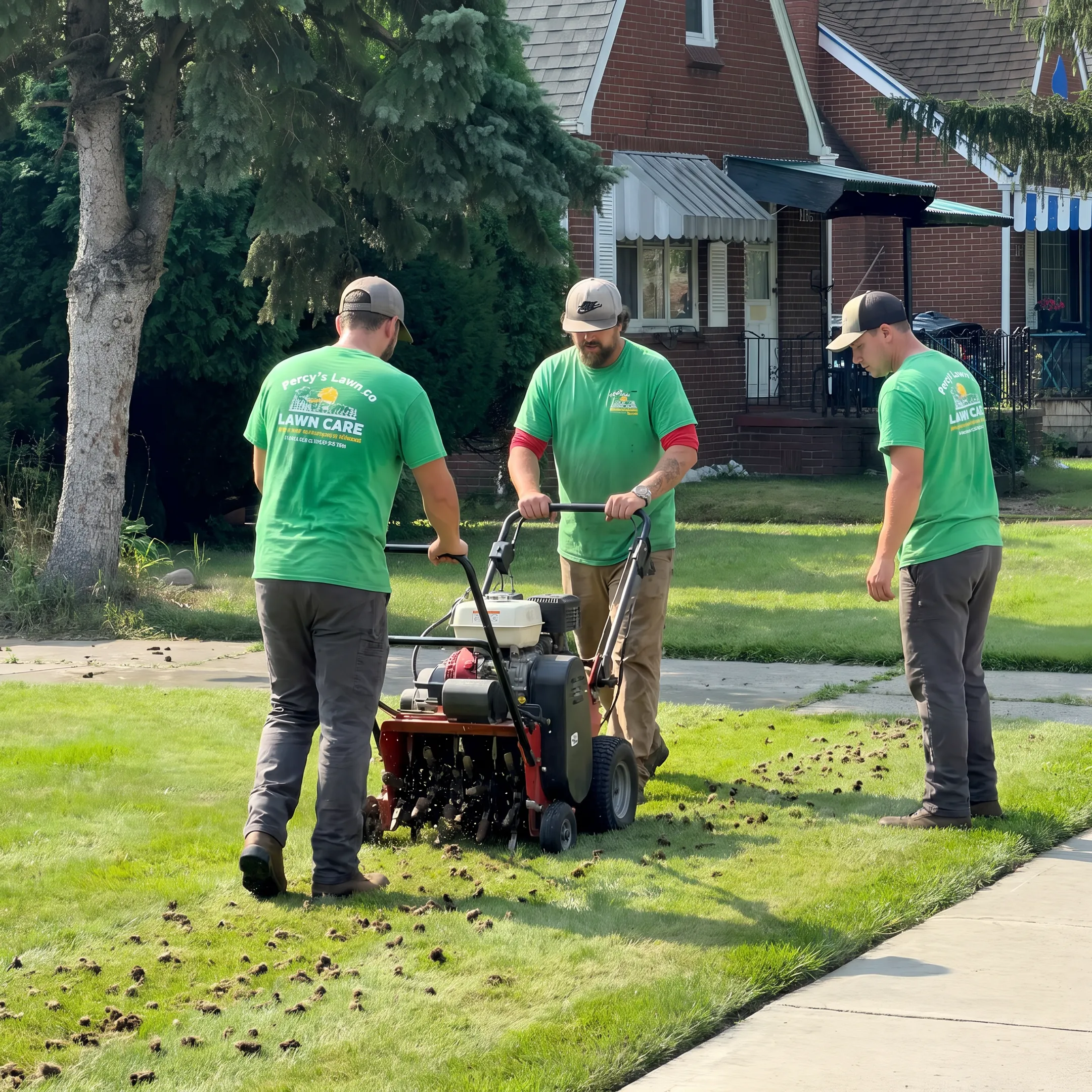 Professional lawn aeration equipment working across a healthy residential lawn