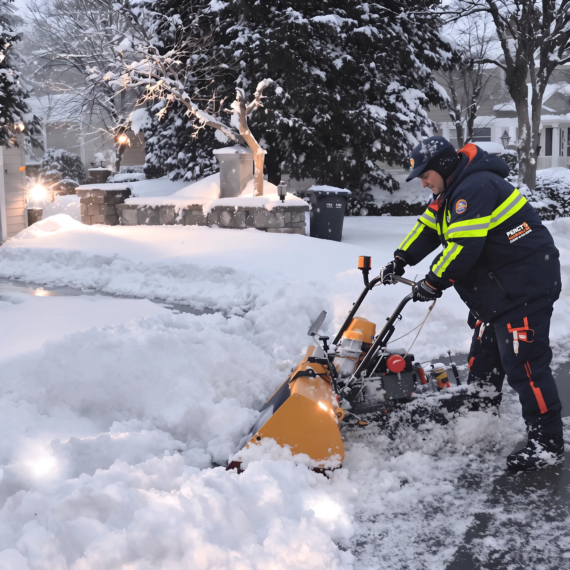 Snow removal crew clearing an Amherst driveway with a commercial snowplow