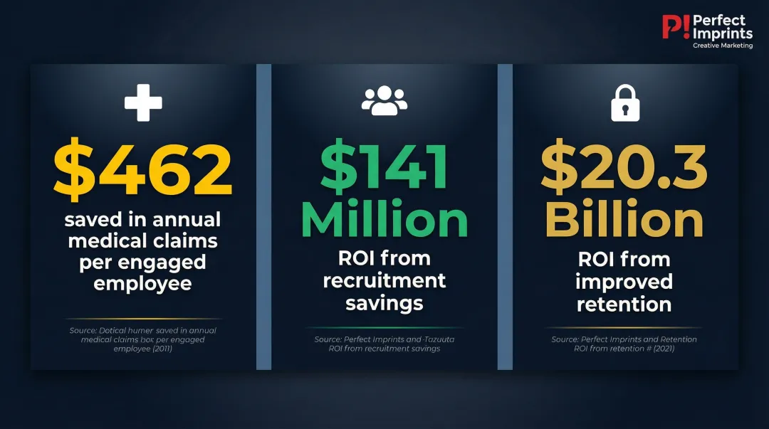 Corporate wellness ROI comparison showing recruitment retention and medical claims savings data