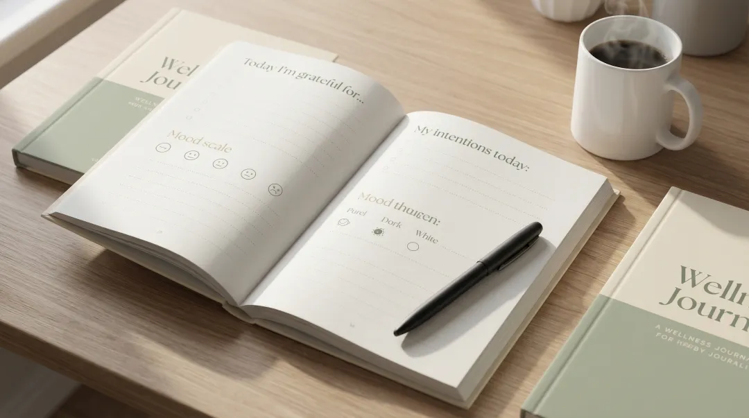 Branded wellness journal open to gratitude and goal-setting prompts on desk