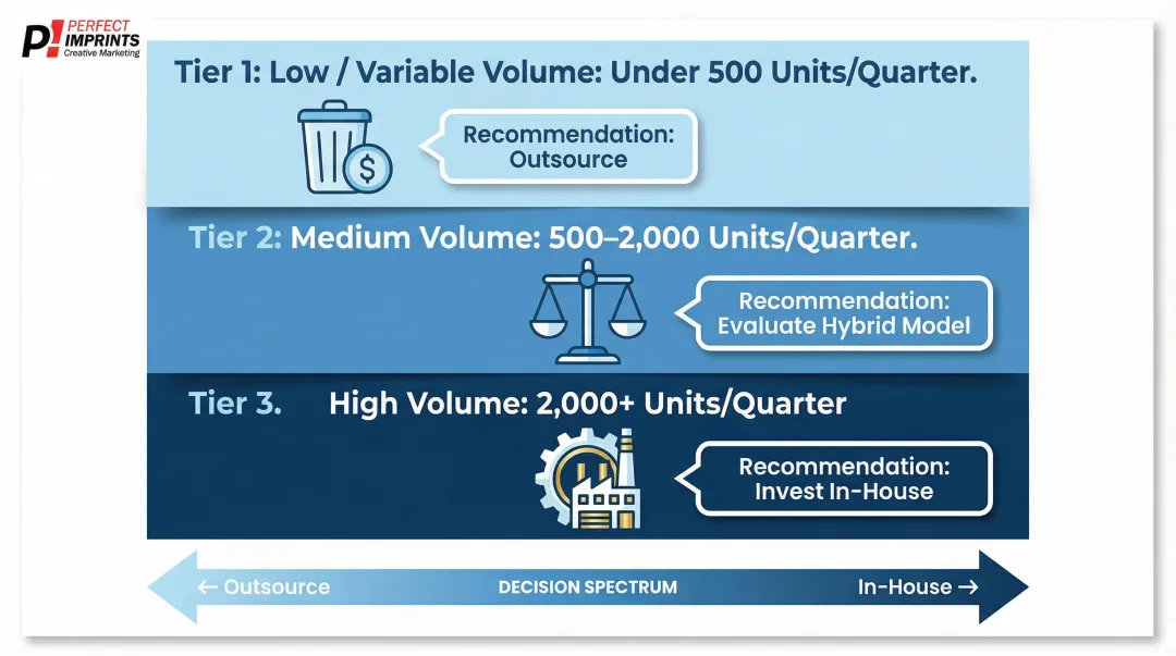 Corporate gift production volume decision framework comparing outsource versus in-house options