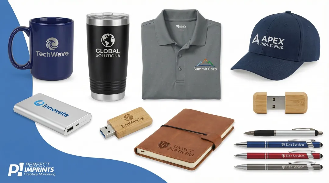 Perfect Imprints branded corporate gift product catalog showing diverse promotional items