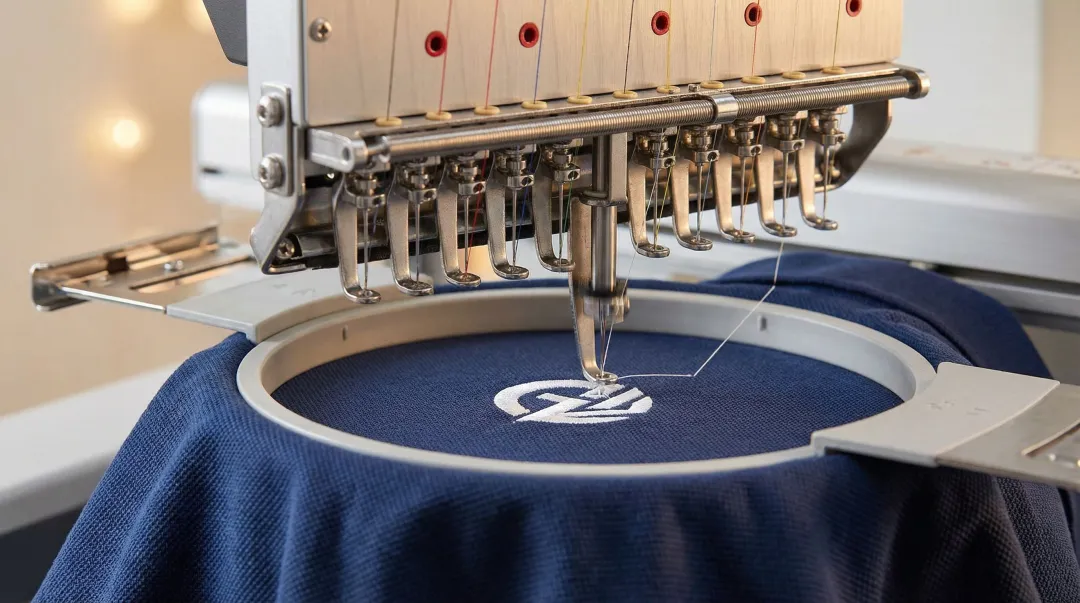 Commercial embroidery machine producing branded logo on polo shirt fabric