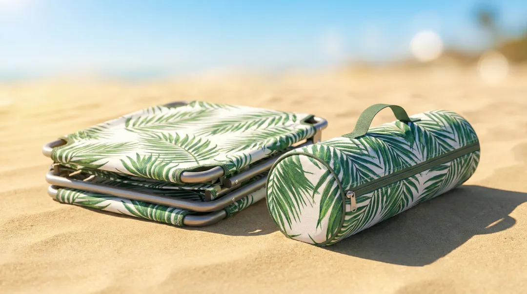 Ultra-lightweight Helinox beach chair packed into compact carry bag on sand