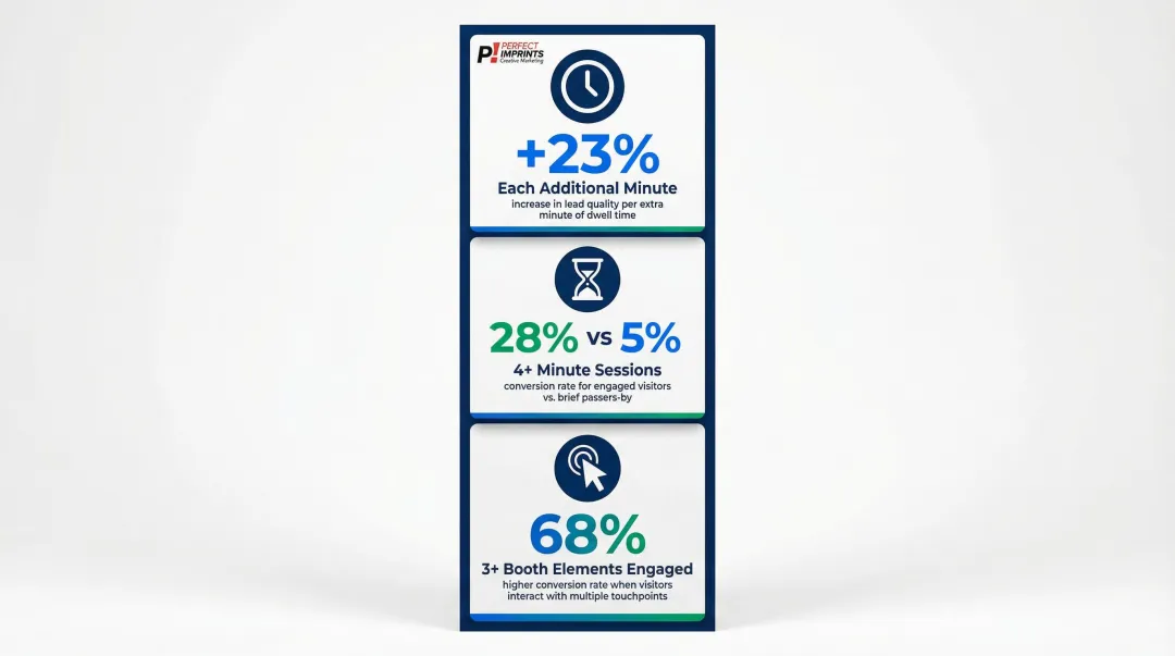 Trade show booth dwell time and lead conversion rate statistics comparison infographic