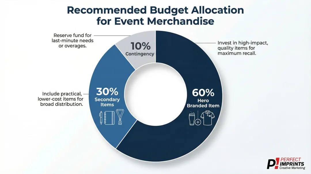 Recommended event merchandise budget allocation 60 30 10 percentage breakdown infographic