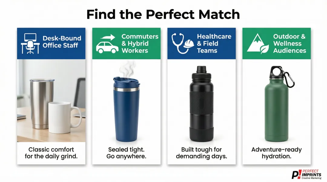 Corporate drinkware audience lifestyle matching guide for four recipient types