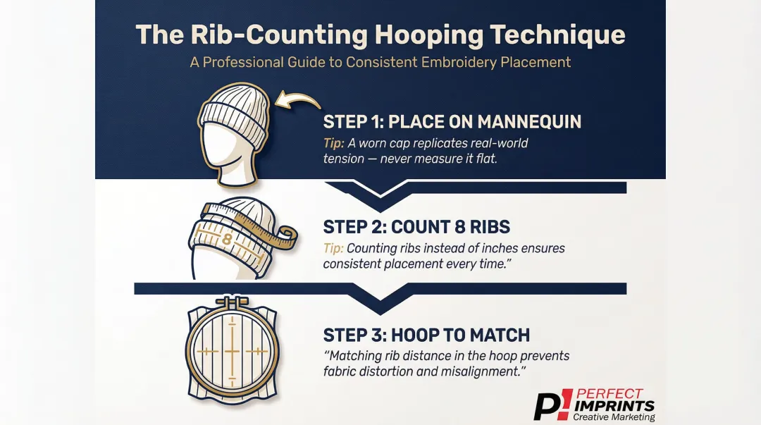 3-step rib-counting technique for correct knit cap hooping tension