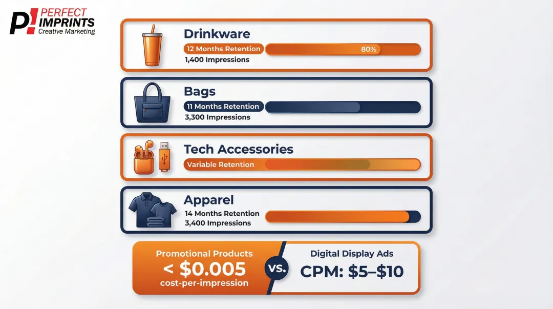 Branded promotional product retention rates and cost per impression comparison infographic