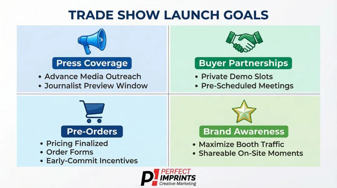 Four trade show launch objectives with tactics and strategies infographic