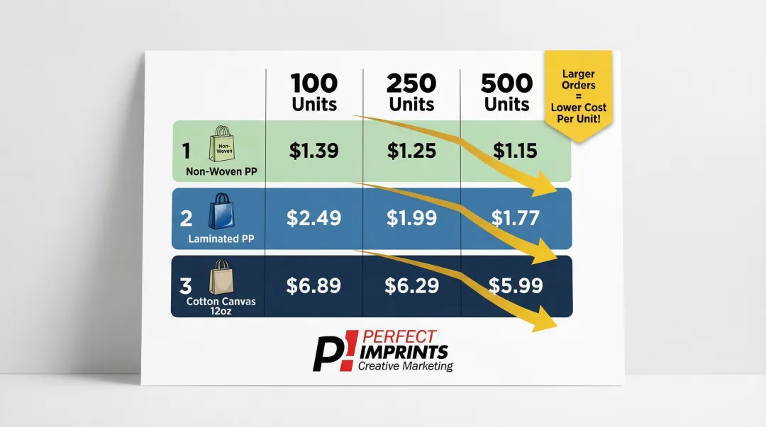Trade show tote bag pricing tiers by material type and order quantity comparison