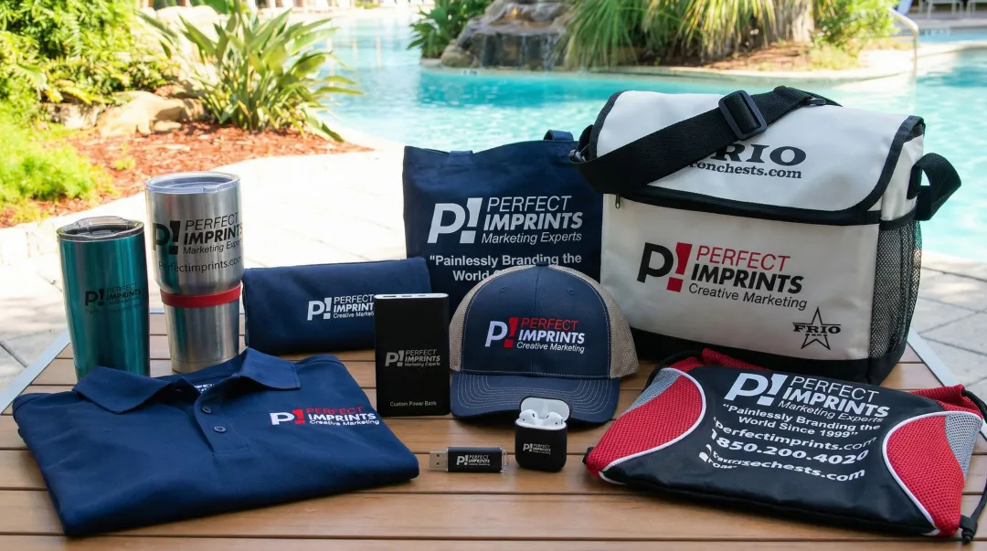 Perfect Imprints branded promotional products showcasing multiple decoration methods and product categories
