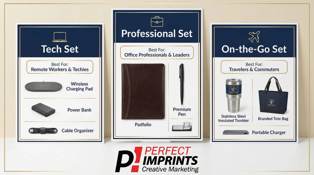 Three curated branded client gift set combinations with included items listed