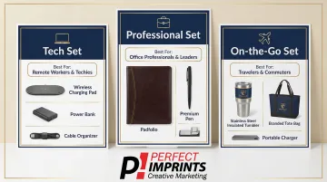 Three curated branded client gift set combinations with included items listed