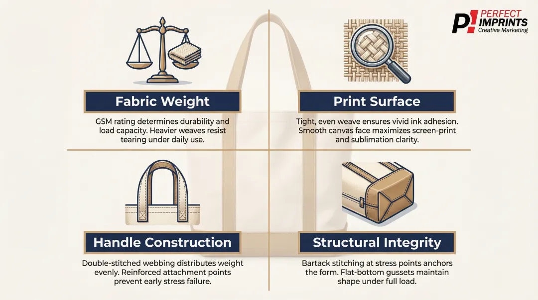 Four key factors for evaluating custom printed tote bag quality infographic