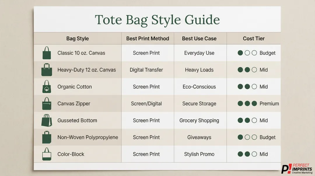 Seven custom tote bag styles comparison chart with use cases and print methods