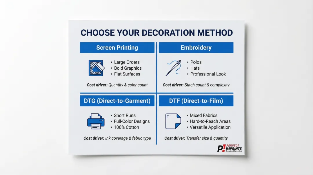 Decoration method selection guide screen printing embroidery DTG and DTF comparison
