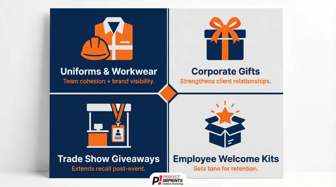 Four branded merchandise use cases ROI comparison infographic for businesses