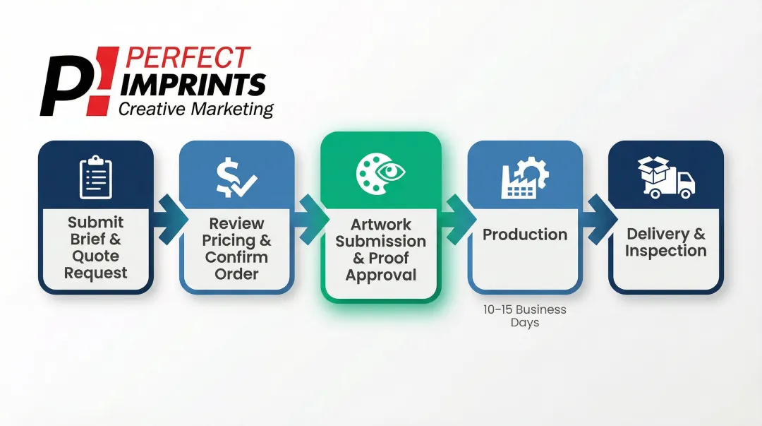 Custom merchandise ordering process five-step timeline from brief to delivery