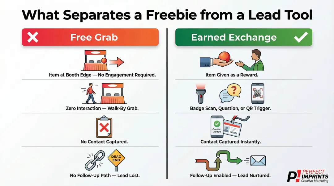 Freebie handout versus earned exchange lead capture mechanic comparison infographic