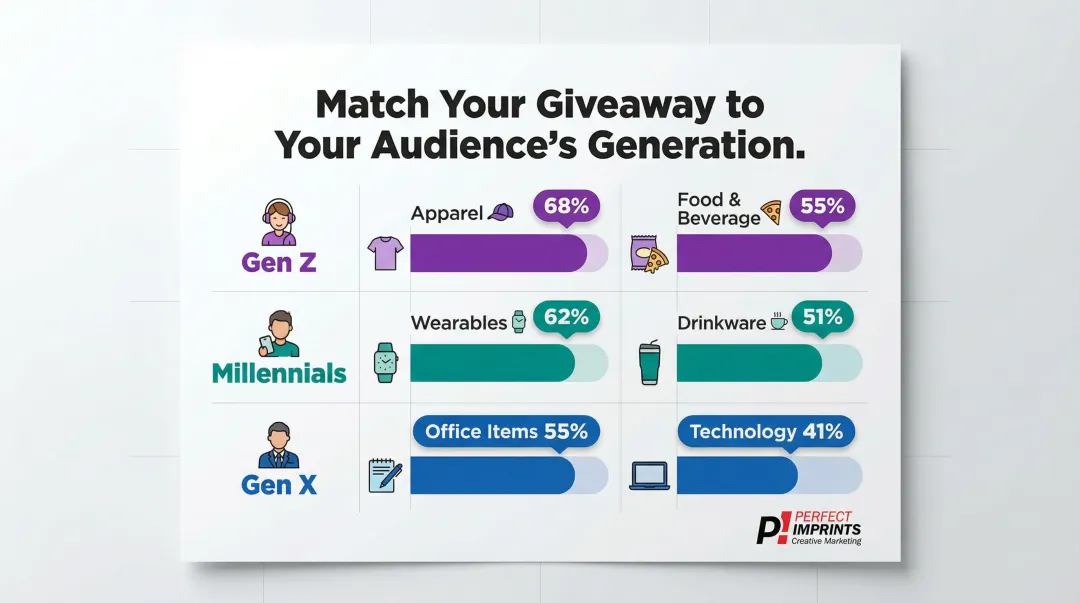 Generational promotional product preferences comparison chart Gen Z Millennials Gen X