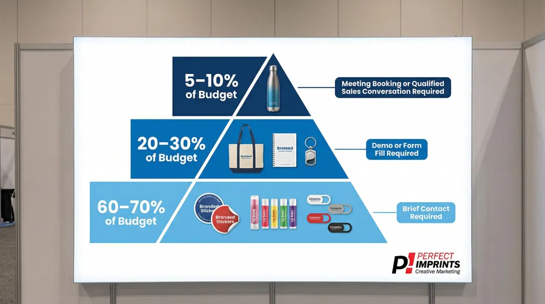 Three-tier trade show giveaway distribution model with budget allocation percentages