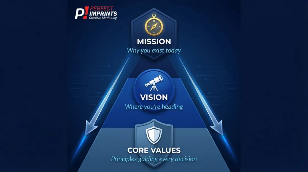 Brand strategy foundation three elements mission vision and core values diagram
