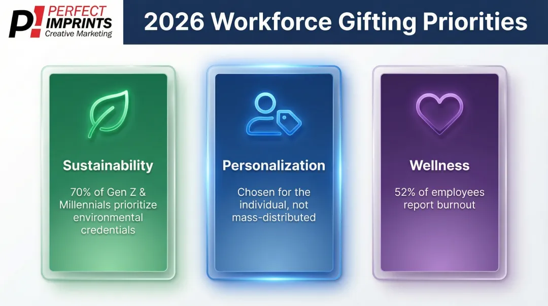 Three 2026 employee gift priorities sustainability personalization and wellness infographic
