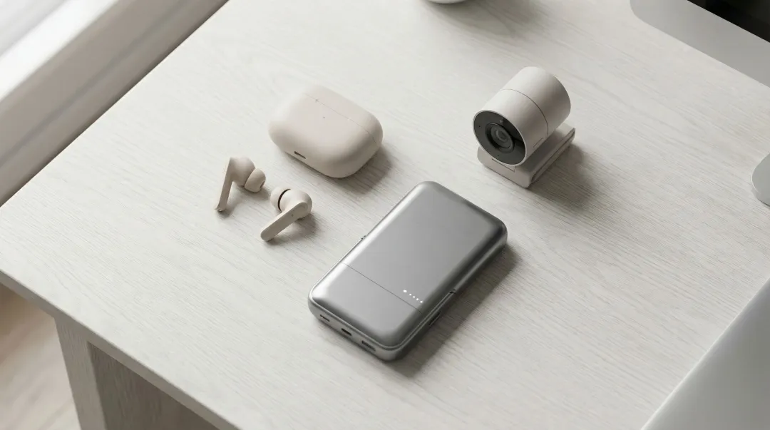 Premium tech accessories wireless earbuds power bank and webcam for remote employees