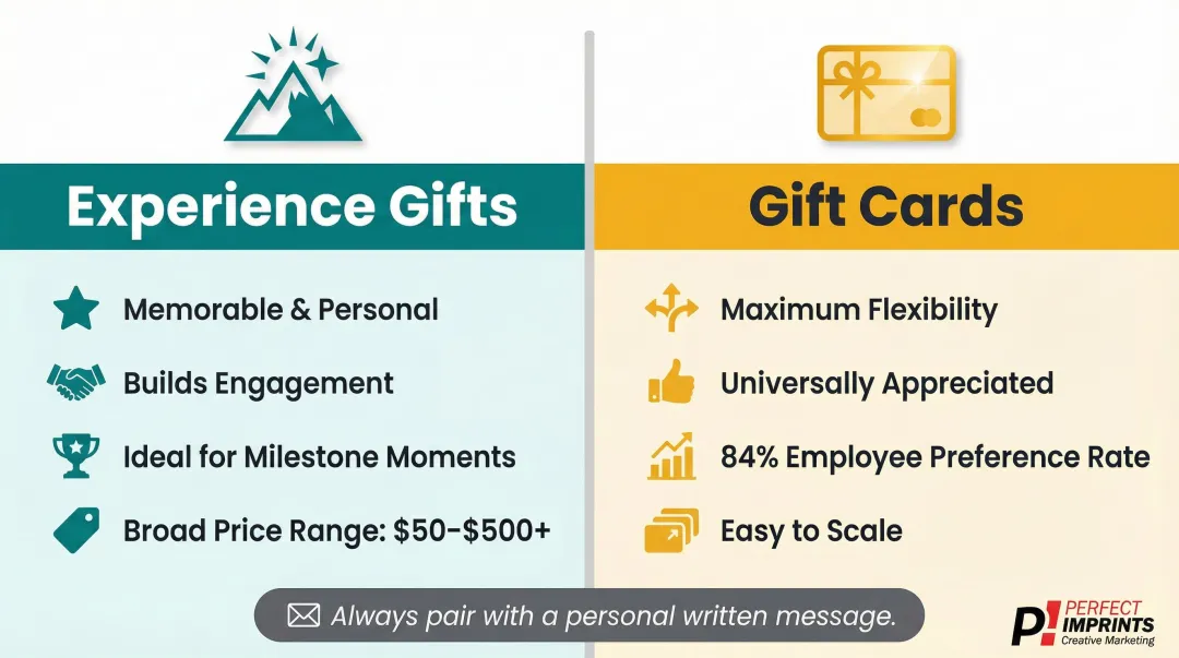Experience gifts versus gift cards employee recognition value comparison infographic